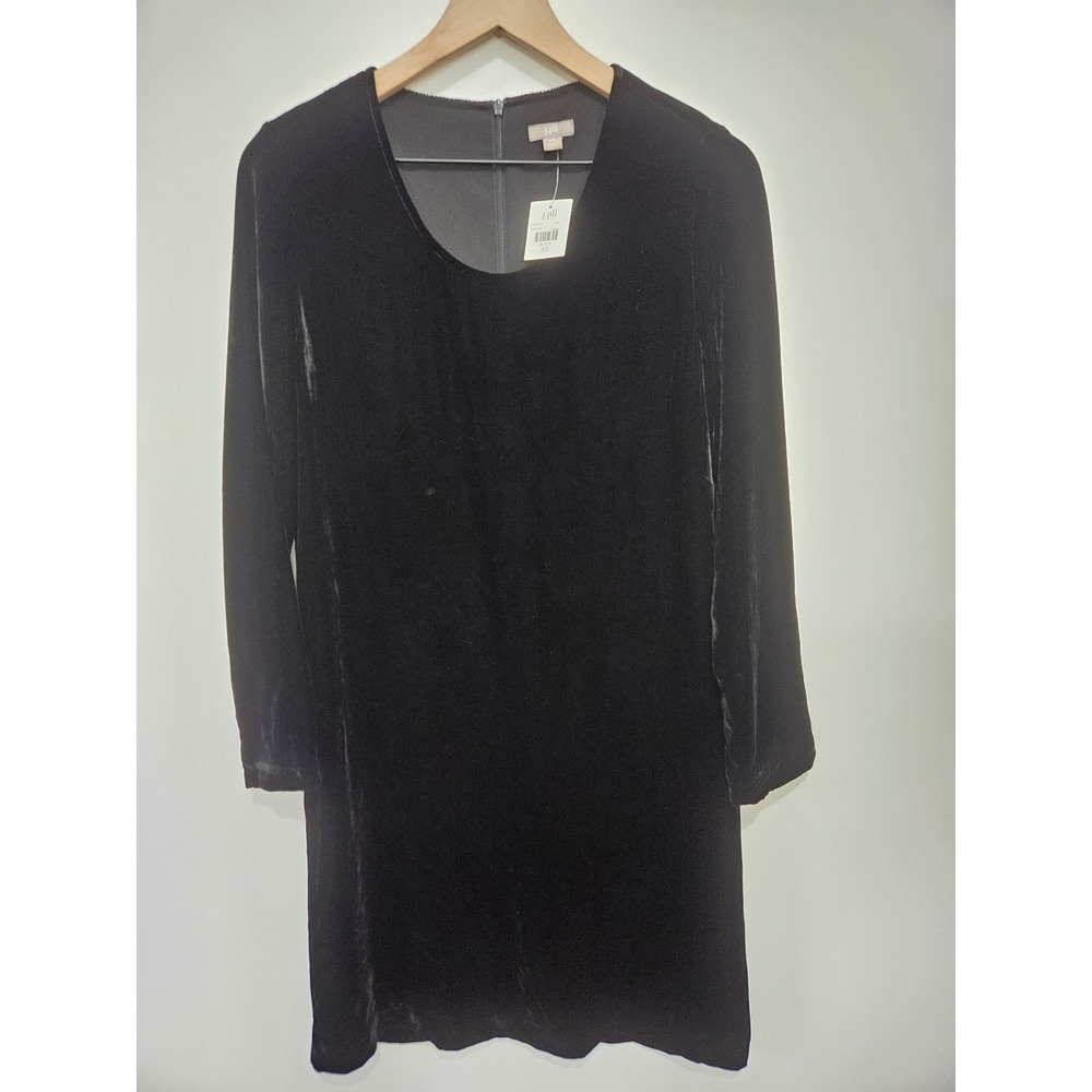 J. Jill Black Silk Blend Velvet Scoop Neck Long Sleeve Shift Dress XS 710418 NWT